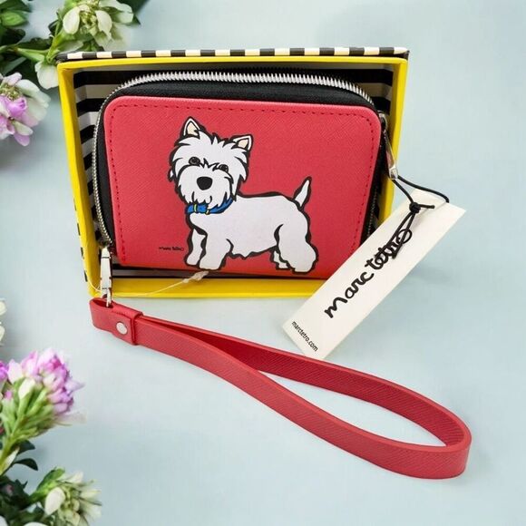 Marc Tetro Westie Wallet Dog Terrier Red Zip Vegan Leather w/ Wristlet *NEW* - Picture 1 of 6